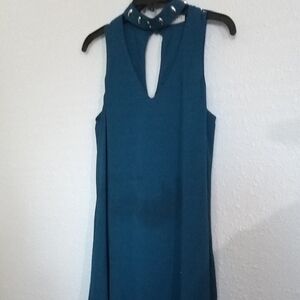 Wrapper One-Shoulder Teal Dress with Studded Choker